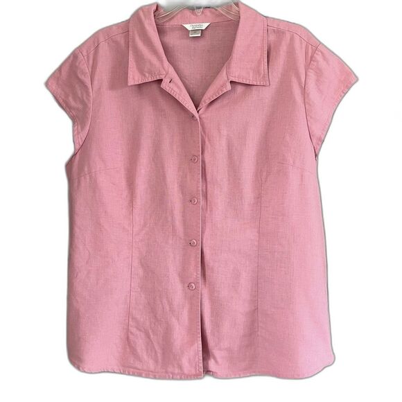 Christopher & Banks Linen Cotton Blend Pink Short Sleeve Layering Button Blouse - Picture 2 of 12